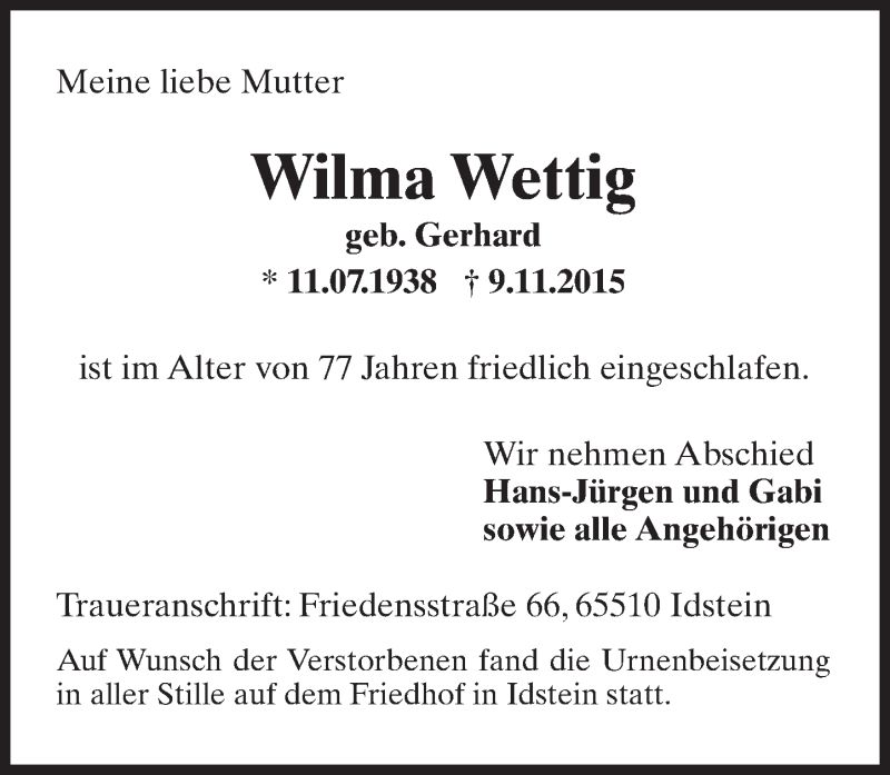  Traueranzeige für Wilma Wettig vom 21.11.2015 aus  Idsteiner Zeitung