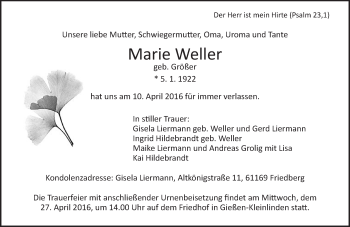 Traueranzeige von Marie Weller von  Gießener Anzeiger