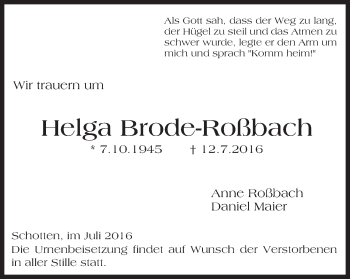 Traueranzeige von Helga Brode-Roßbach von  Kreisanzeiger