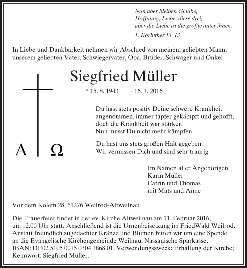  Traueranzeige für Siegfried Müller vom 23.01.2016 aus  Usinger Anzeiger
