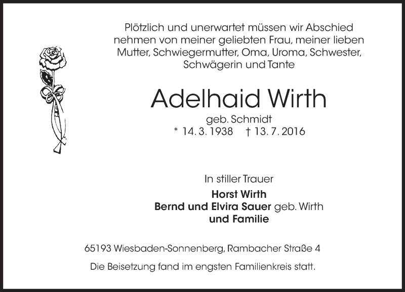  Traueranzeige für Adelhaid Wirth vom 30.07.2016 aus Trauerportal Rhein Main Presse