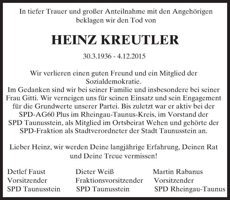  Traueranzeige für Heinz Kreutler vom 12.12.2015 aus  Rheingau