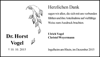 Traueranzeige von Horst Vogel von  Allgemeine  Zeitung Ingelheim-Bingen