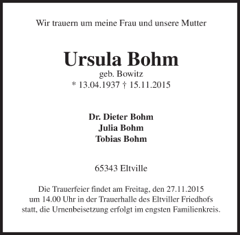Traueranzeige von Ursula Bohm von  Rheingau