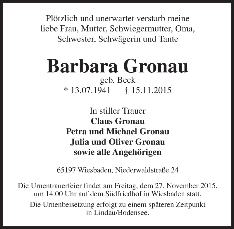  Traueranzeige für Barbara Gronau vom 21.11.2015 aus  Wiesbaden komplett