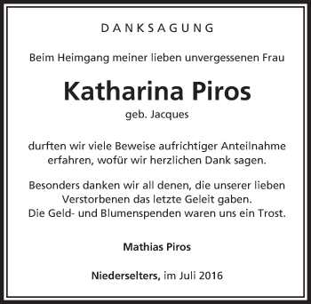 Traueranzeige von Katharina Piros von  Camberger Anzeiger