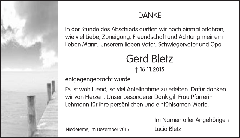  Traueranzeige für Gerd Bletz vom 16.12.2015 aus  Idsteiner Zeitung