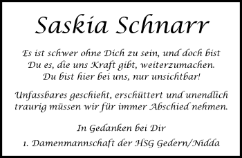 Traueranzeige von Saskia Schnarr von  Kreisanzeiger