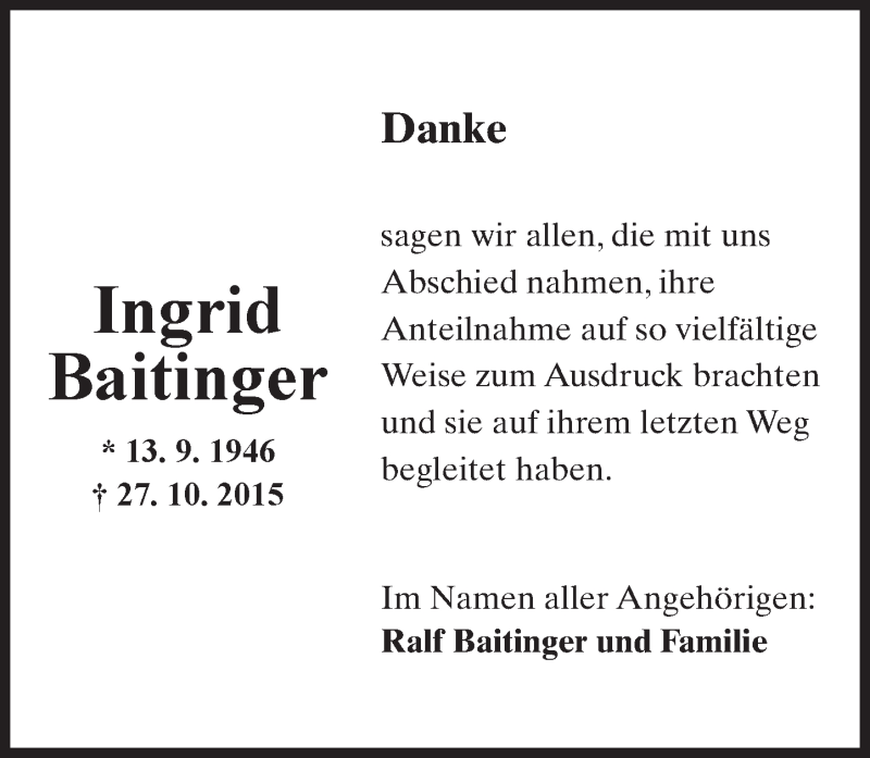  Traueranzeige für Ingrid Baitinger vom 12.12.2015 aus  Allgemeine Zeitung Mainz
