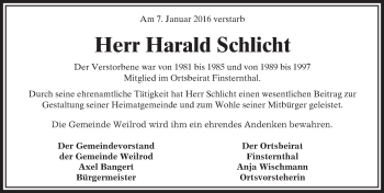 Traueranzeige von Harald Schlicht von  Usinger Anzeiger