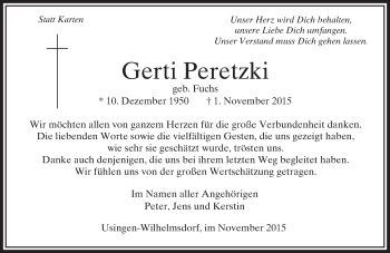 Traueranzeige von Gerti Peretzki von  Usinger Anzeiger