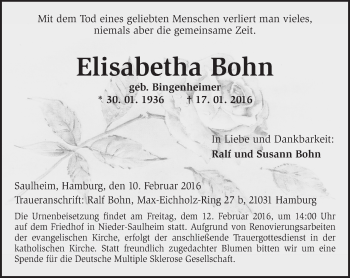 Traueranzeige von Elisabetha Bohn von  Allgemeine Zeitung Alzey