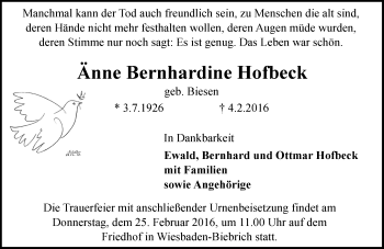 Traueranzeige von Änne Bernhardine Hofbeck von  Wiesbaden komplett