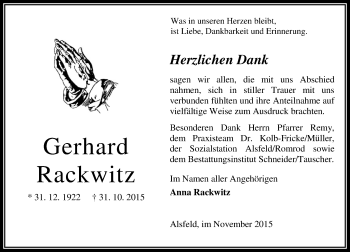 Traueranzeige von Gerhard Rackwitz von  OK Oberhessen Kurier