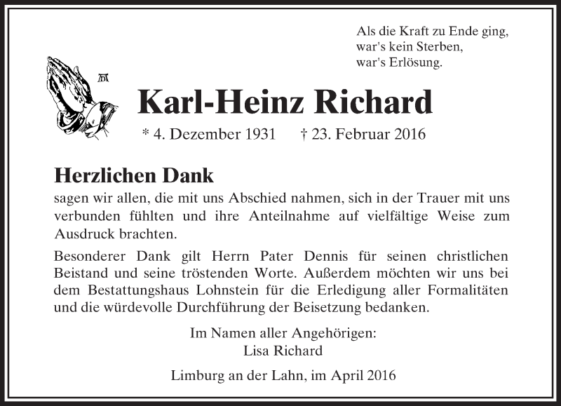  Traueranzeige für Karl-Heinz Richard vom 09.04.2016 aus  Usinger Anzeiger