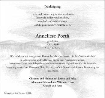 Traueranzeige von Anneliese Porth von  Landskrone