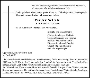 Traueranzeige von Walter Settele von  Allgemeine Zeitung Mainz