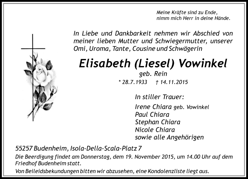  Traueranzeige für Elisabeth Vowinkel vom 17.11.2015 aus  Allgemeine Zeitung Mainz