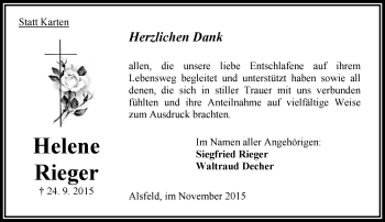 Traueranzeige von Helene Rieger von VRM Trauer