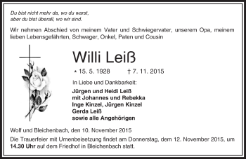 Traueranzeige von Willi Leiß von  Kreisanzeiger