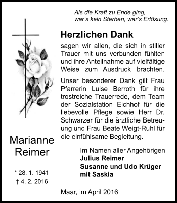 Traueranzeige von Marianne Reimer von  OK Oberhessen Kurier