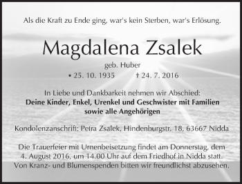 Traueranzeige von Magdalena Zsalek von  Kreisanzeiger