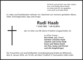 Traueranzeige von Rudi Haab von  WK-UTA/Aar-Bote
