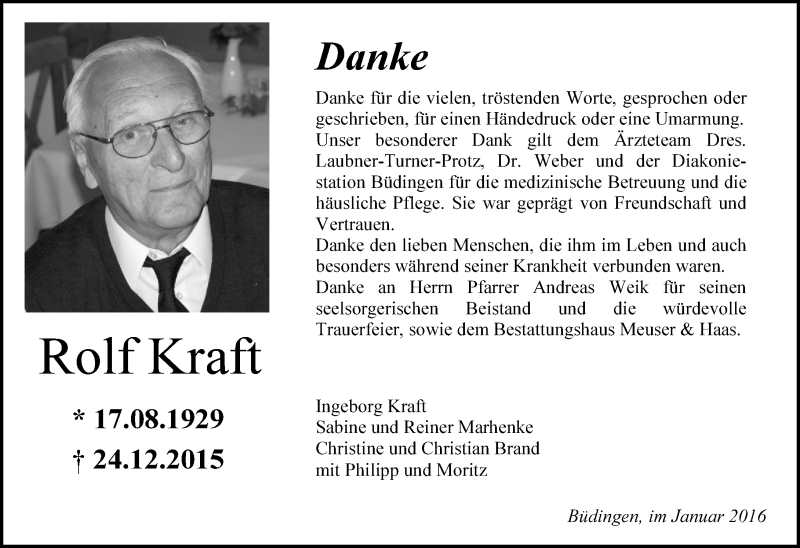  Traueranzeige für Rolf Kraft vom 30.01.2016 aus  Sonntags Anzeiger