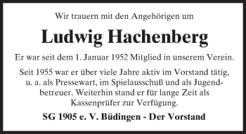 Traueranzeige von Ludwig Hachenberg von  Kreisanzeiger