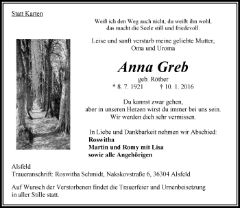 Traueranzeige von Anna Greb von VRM Trauer