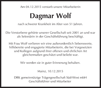 Traueranzeige von Dagmar Wolf von  Allgemeine Zeitung Mainz