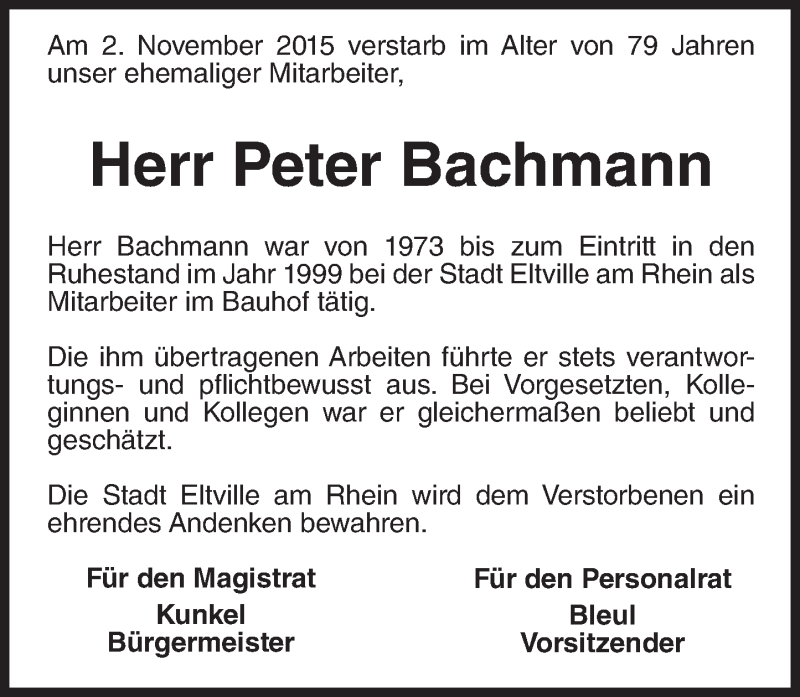  Traueranzeige für Peter Bachmann vom 11.11.2015 aus  Rheingau