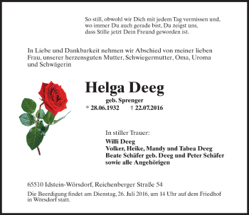 Traueranzeige von Helga Deeg von Trauerportal Rhein Main Presse
