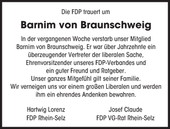 Traueranzeige von Barnim von Braunschweig von  Landskrone