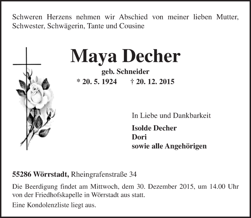  Traueranzeige für Maya Decher vom 23.12.2015 aus  Allgemeine Zeitung Alzey