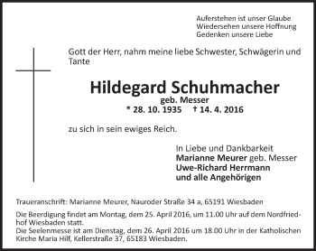 Traueranzeige von Hildegard Schuhmacher von  Wiesbaden komplett