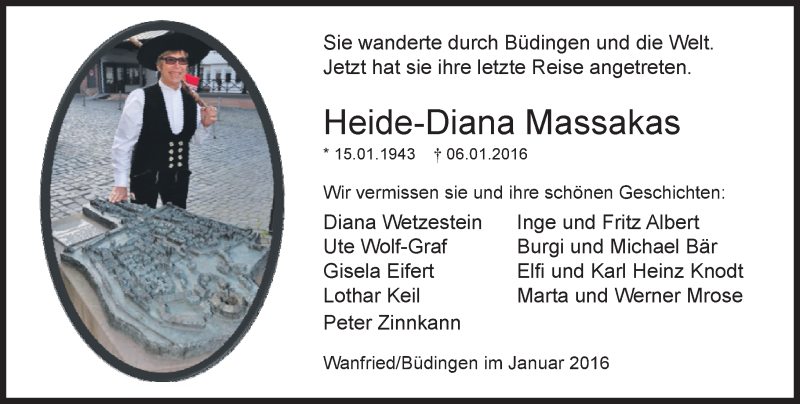  Traueranzeige für Heide-Diana Massakas vom 23.01.2016 aus  Kreisanzeiger