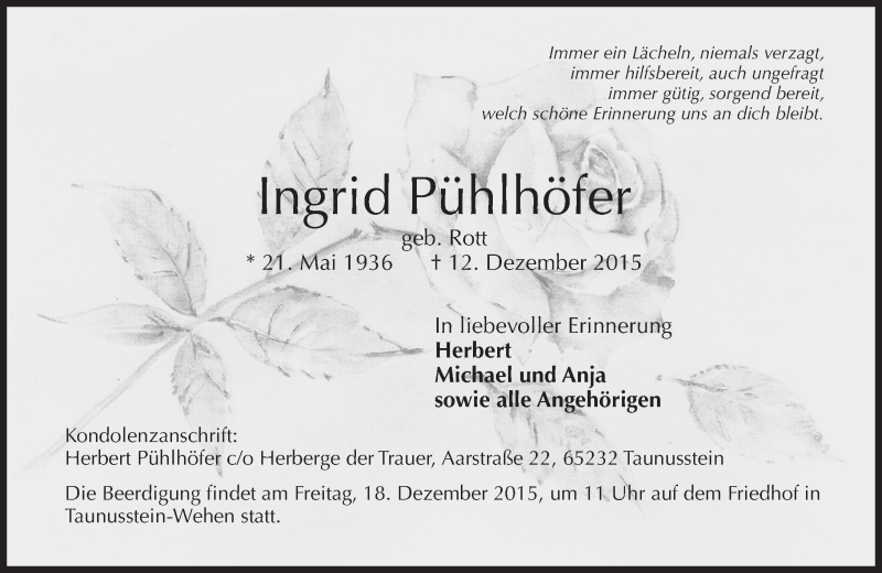  Traueranzeige für Ingrid Pühlhöfer vom 16.12.2015 aus  Wiesbaden komplett