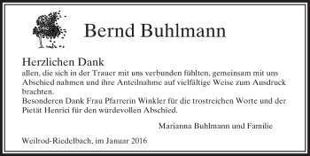 Traueranzeige von Bernd Buhlmann von  Usinger Anzeiger
