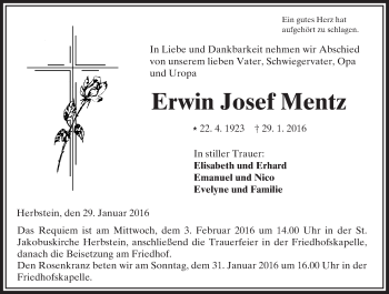 Traueranzeige von Erwin Josef Mentz von VRM Trauer