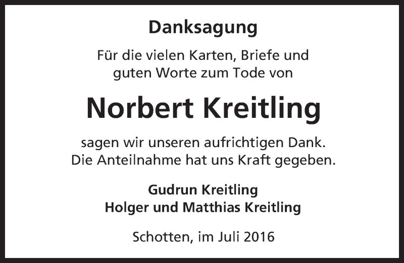  Traueranzeige für Norbert Kreitling vom 16.07.2016 aus  Sonntags Anzeiger