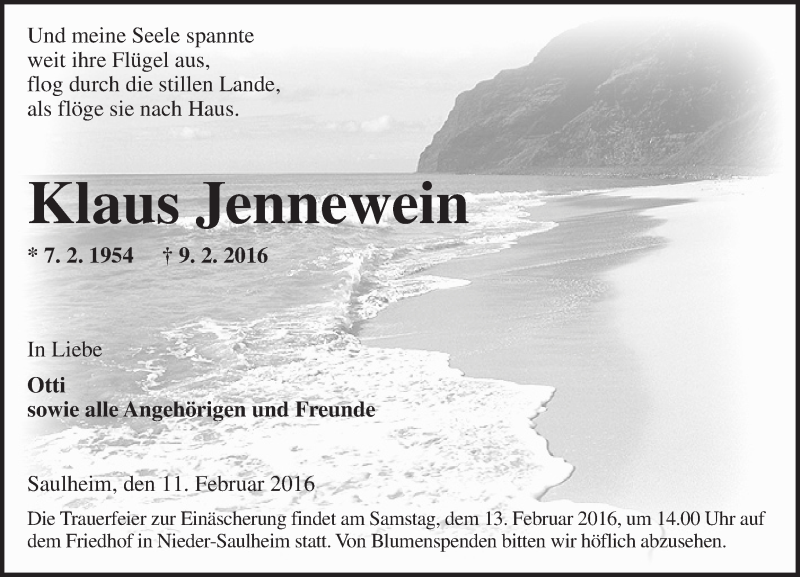  Traueranzeige für Klaus Jennewein vom 11.02.2016 aus  Wormser Zeitung