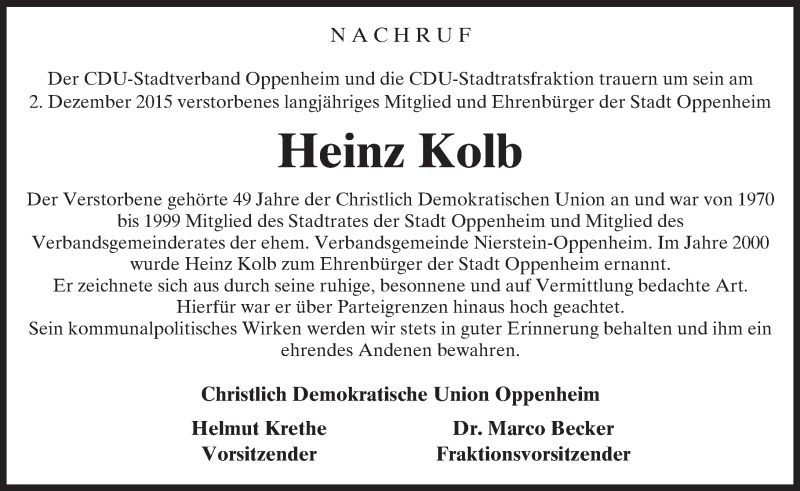  Traueranzeige für Heinz Kolb vom 05.12.2015 aus  Landskrone