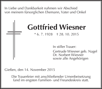 Traueranzeige von Gottfried Wiesner von  Gießener Anzeiger