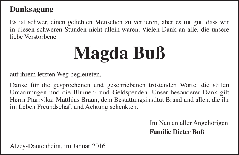  Traueranzeige für Magda Buß vom 13.01.2016 aus  Allgemeine Zeitung Alzey