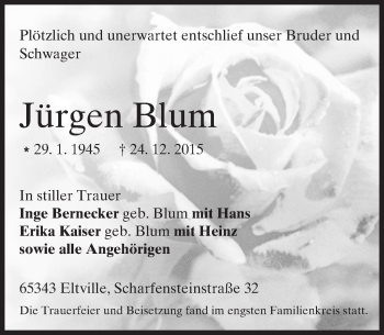Traueranzeige von Jürgen Blum von  Rheingau