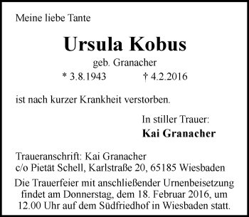 Traueranzeige von Ursula Kobus von  Wiesbaden komplett