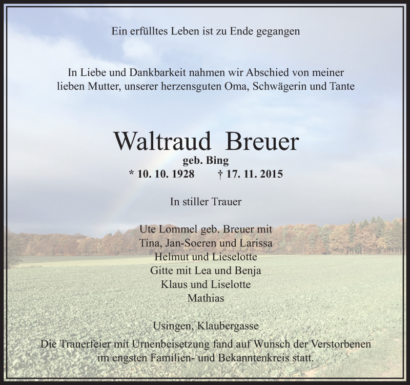  Traueranzeige für Waltraud Breuer vom 02.12.2015 aus  Usinger Anzeiger