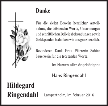 Traueranzeige von Hildegard Ringendahl von  Bürstädter Zeitung
