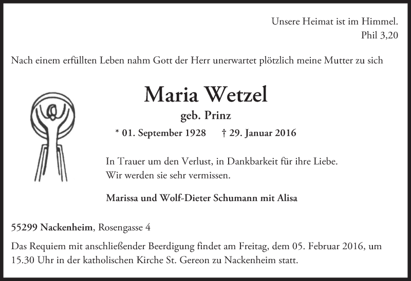  Traueranzeige für Maria Wetzel vom 02.02.2016 aus  Landskrone